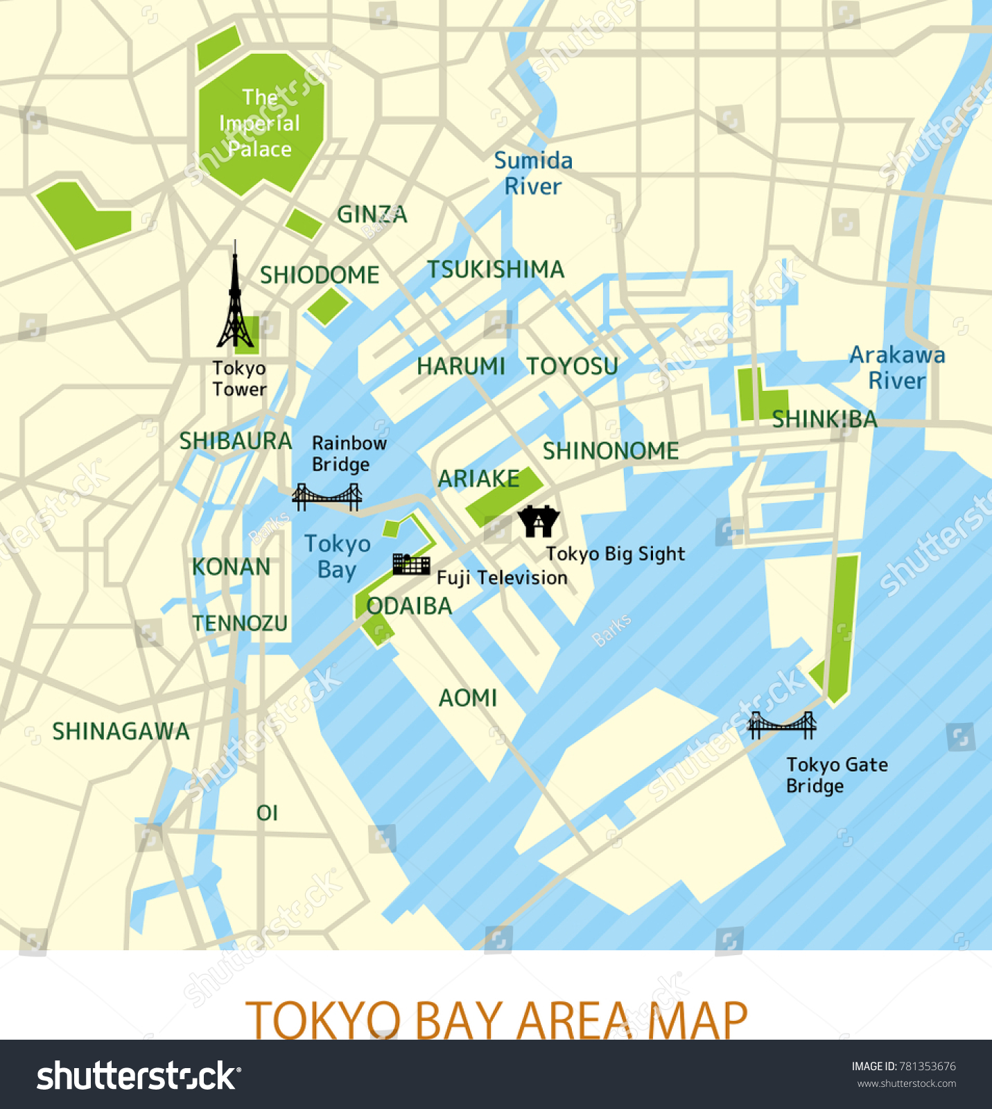 Tokyo Bay Area Map English Stock Vector Royalty Free