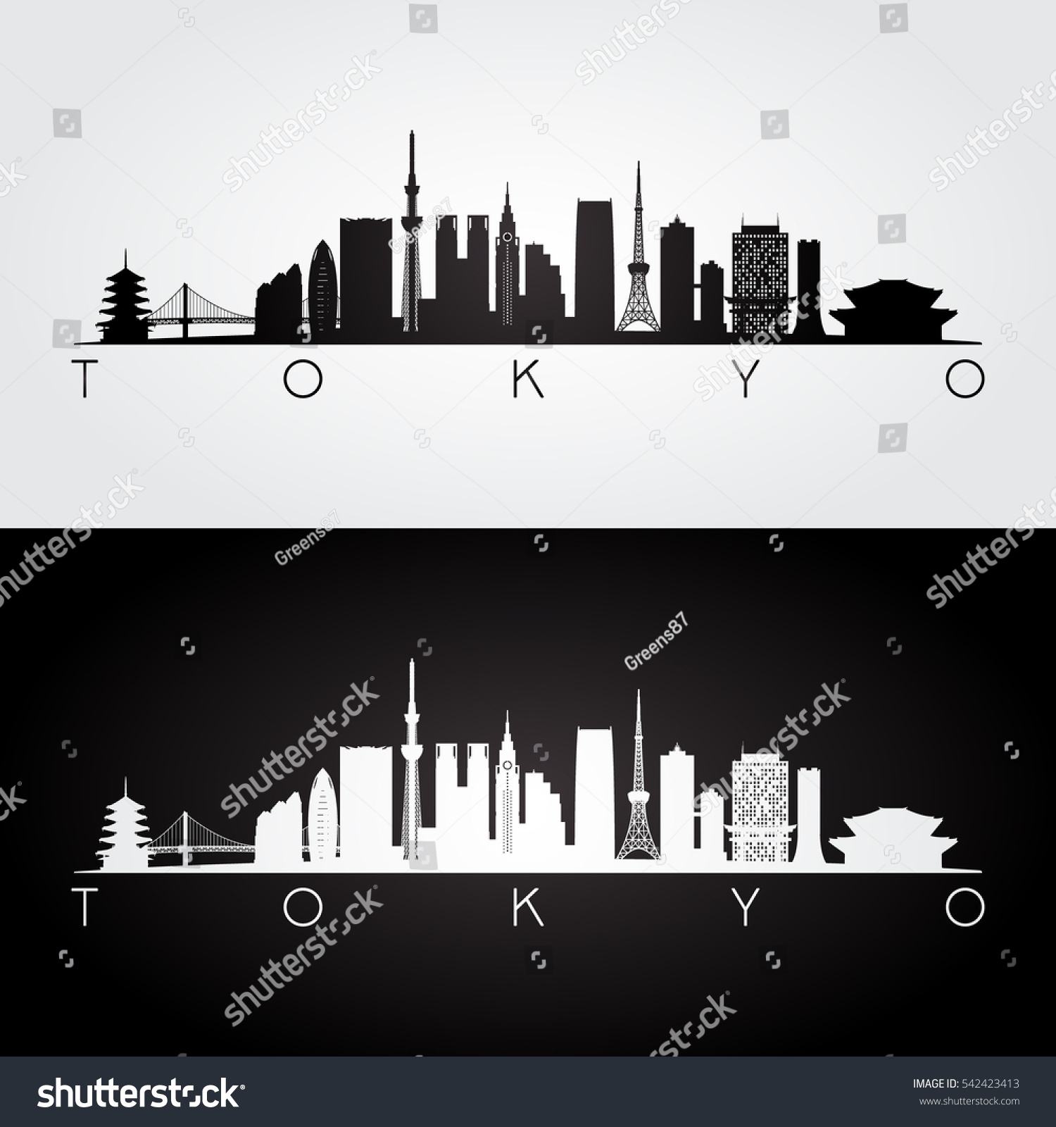 東京 日本のスカイラインとランドマークのシルエット 白黒のデザイン ベクターイラスト のベクター画像素材 ロイヤリティフリー