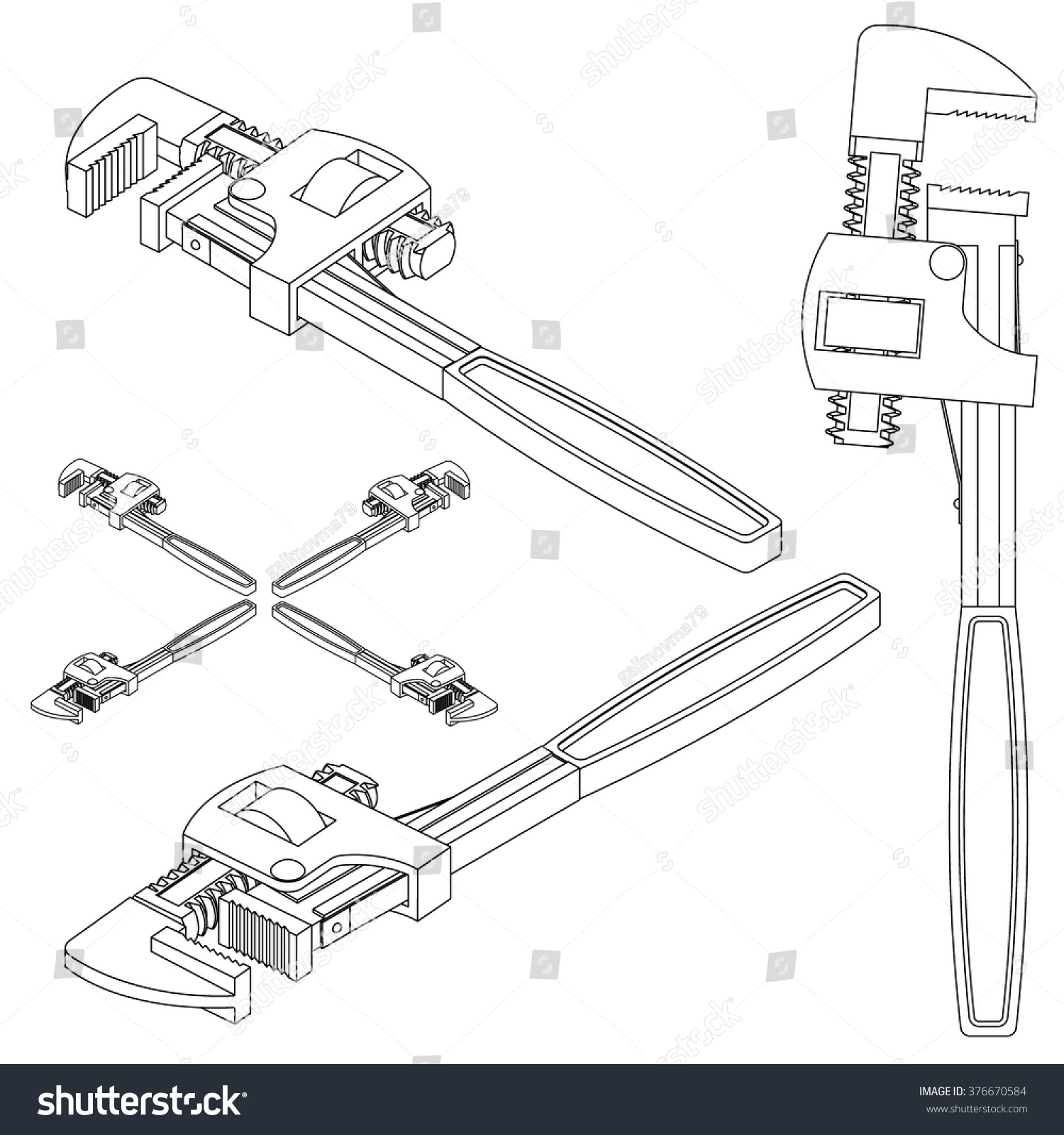 Tool Pipe Wrench Line Drawing Isometric Stock Vector 376670584