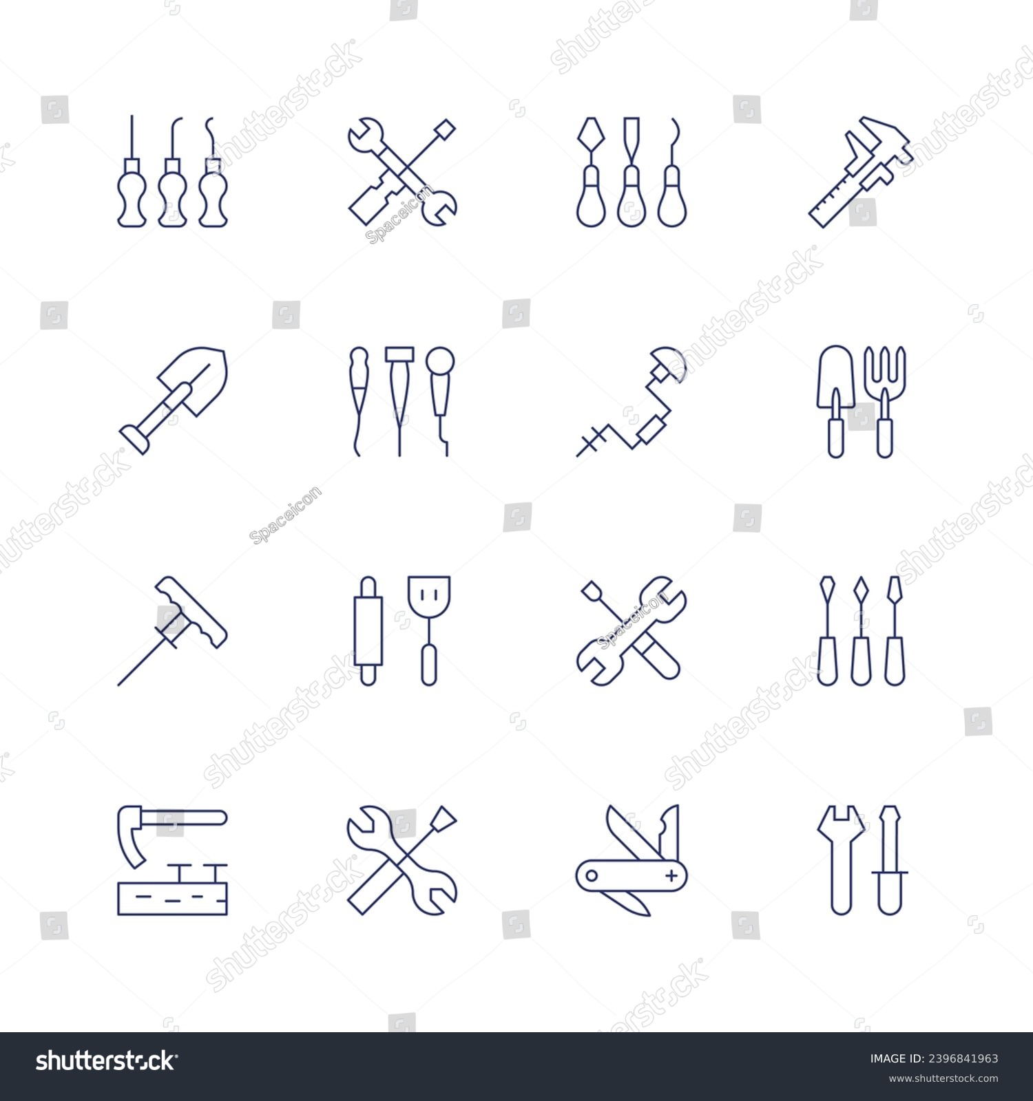 SVG of Tools icon set. Thin line icon. Editable stroke. Containing awl, shovel, plugger, adze, tool, tools, kitchen tools, sculpture, hand drill, swiss army knife, micrometer, farming, wrench, screwdriver. svg