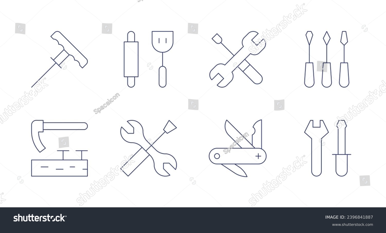 SVG of Tools icons. Editable stroke. Containing plugger, adze, kitchen tools, tools, swiss army knife, wrench, screwdriver. svg