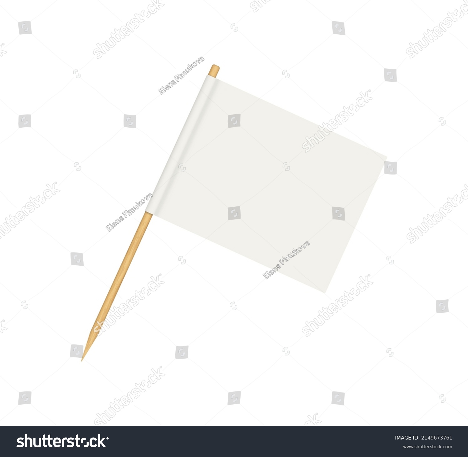 SVG of Toothpick flag. Blank flag on wooden stick. Wood toothpick with white paper banner for food and cocktail decoration. Reactangle forms of pennant. Realistic 3d vector isolated on white background. svg