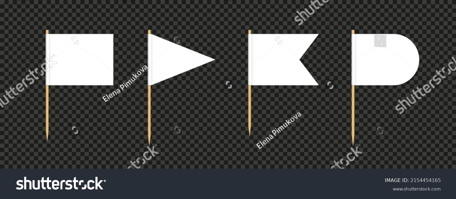SVG of Toothpick flag. Blank flag on wooden stick. Wood toothpick with white paper banner for food and cocktail decoration. Different forms of pennant. Realistic 3d vector isolated on transparent background. svg