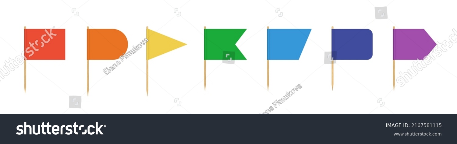SVG of Toothpick flag. Blank flag on wooden stick. Wood toothpick with white paper banner for food and cocktail decoration. Different forms of color pennant. Realistic 3d vector isolated on white background. svg