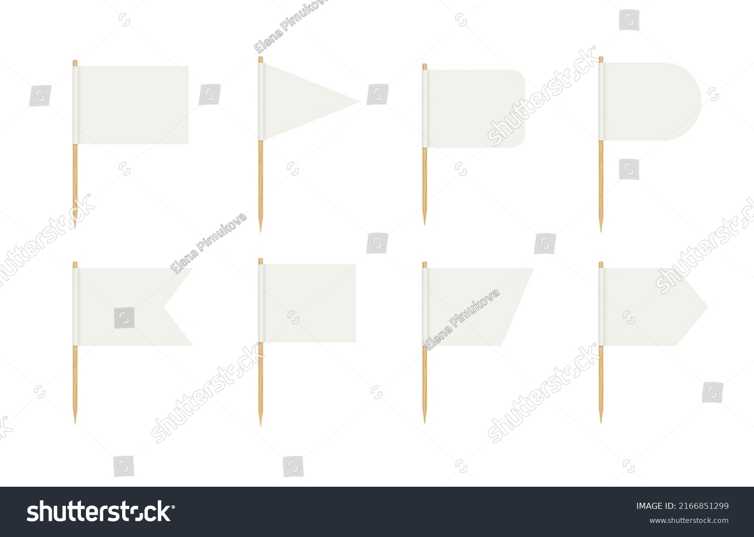 SVG of Toothpick flags. Blank flag on wooden stick. Wood toothpick with white paper banner for food and cocktail decoration. Different forms of pennant. Realistic 3d vector isolated on white background. svg
