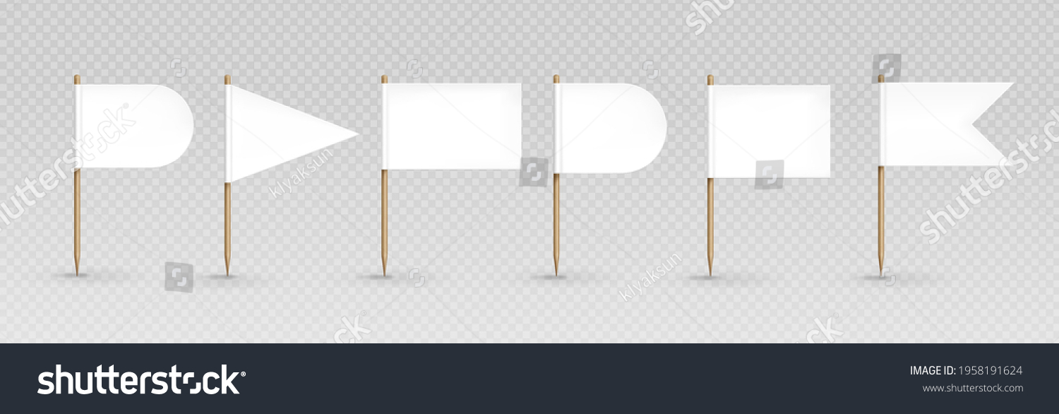 SVG of Toothpick flags, white banners of different shapes on wooden pointed sticks. Oval, triangular, rectangular and double edge pennants isolated on transparent background, Realistic 3d vector icons set svg