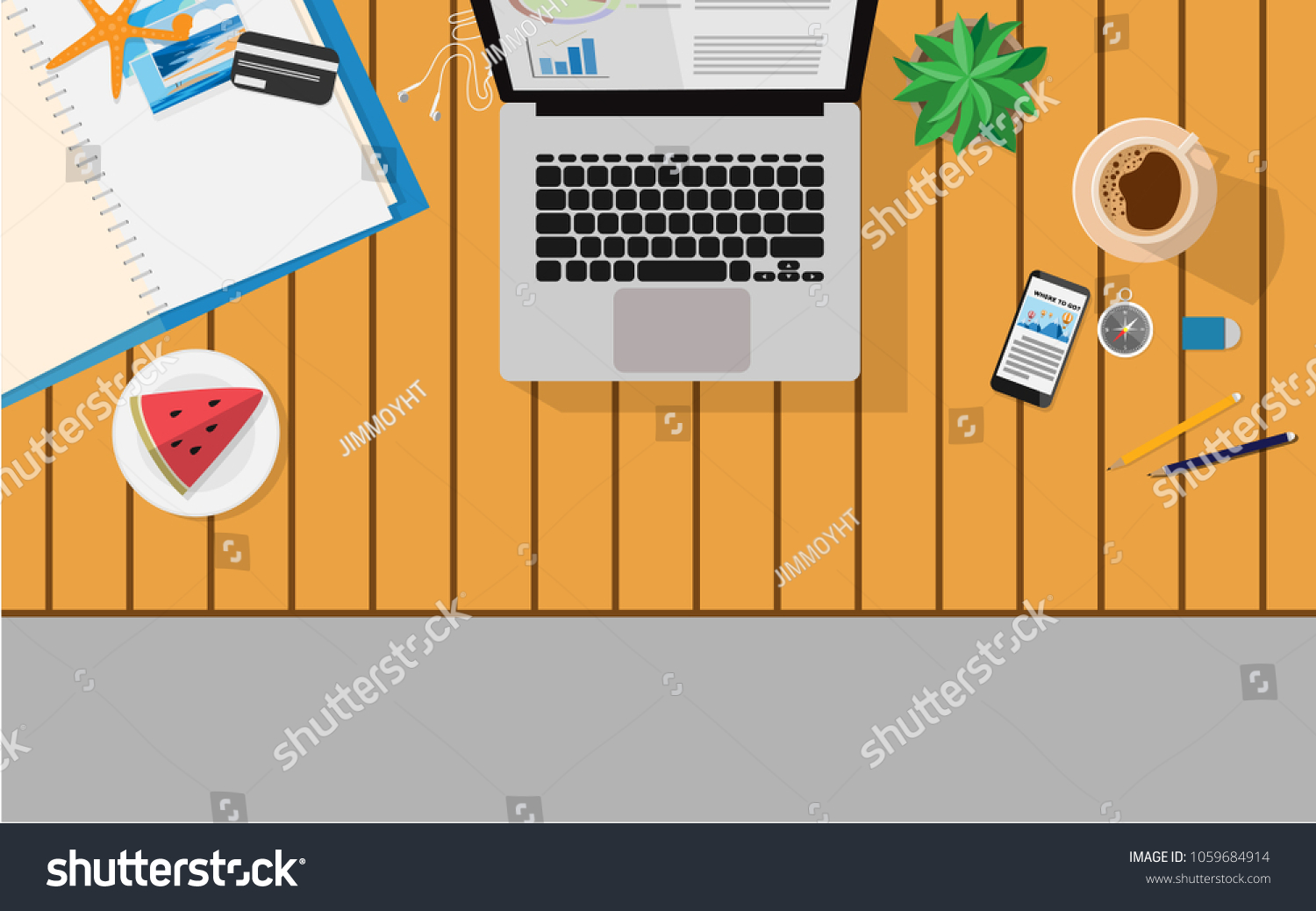 Top Down View Wooden Desk Table Stock Vector Royalty Free 1059684914