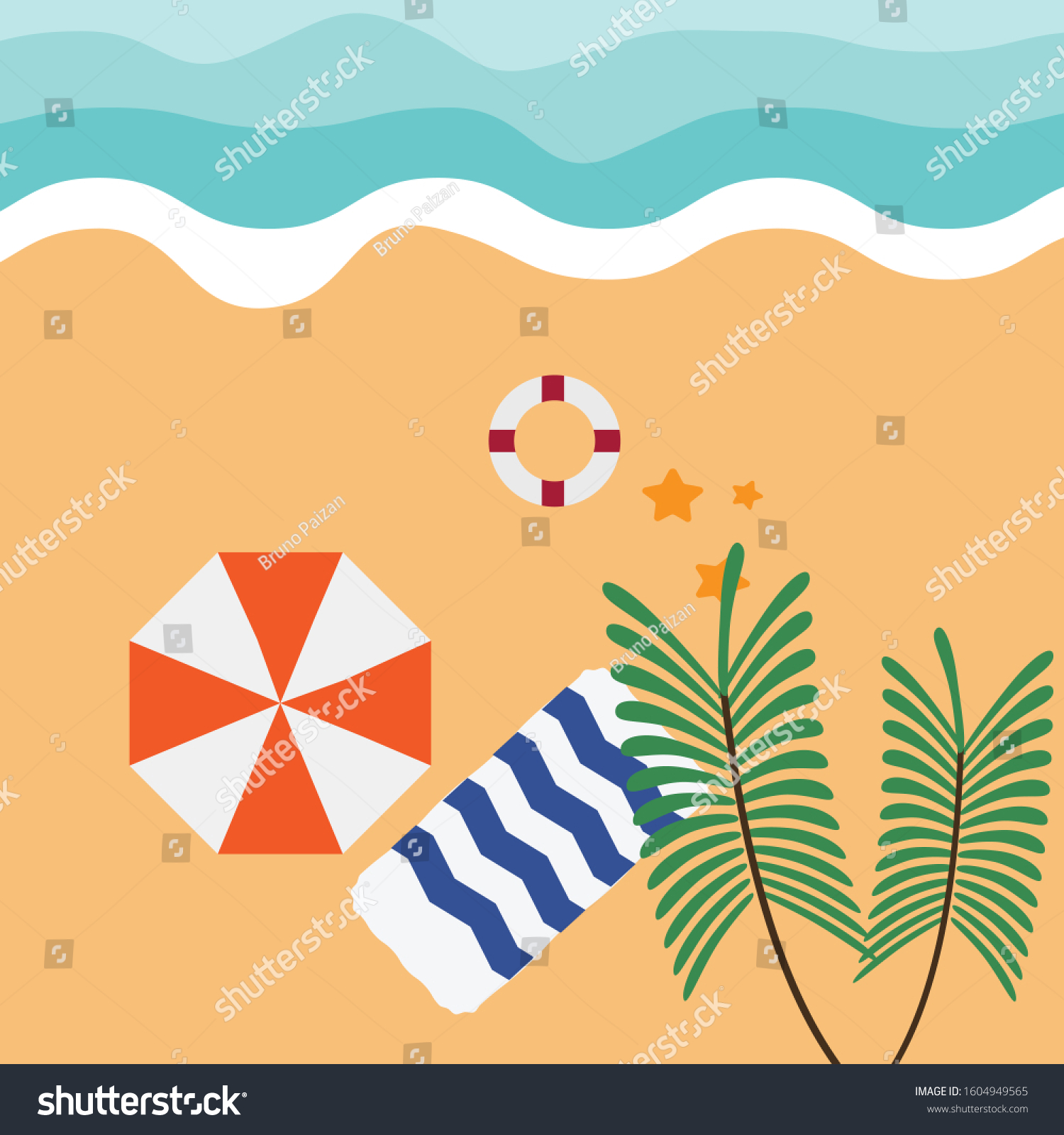 Top View Beach Background Umbrellasswim Ringstarfish Stock Vector ...