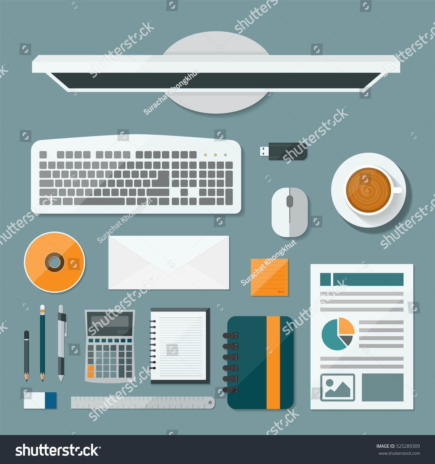 Top View Computer Desk Background Flat Stock Vector Royalty Free