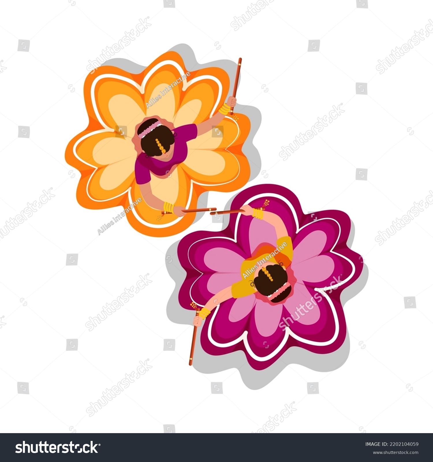 SVG of Top View Of Indian Young Girls Playing Dandiya In Traditional Attire On White Background. svg