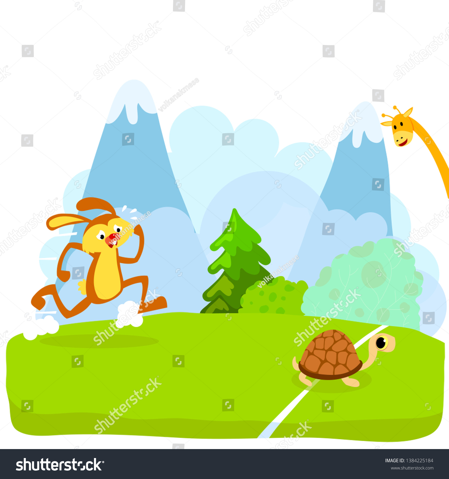亀とウサギか亀とウサギのベクターイラスト ウサギは木の下で眠っていて 亀は走って走り終わります 白い背景 のベクター画像素材 ロイヤリティフリー