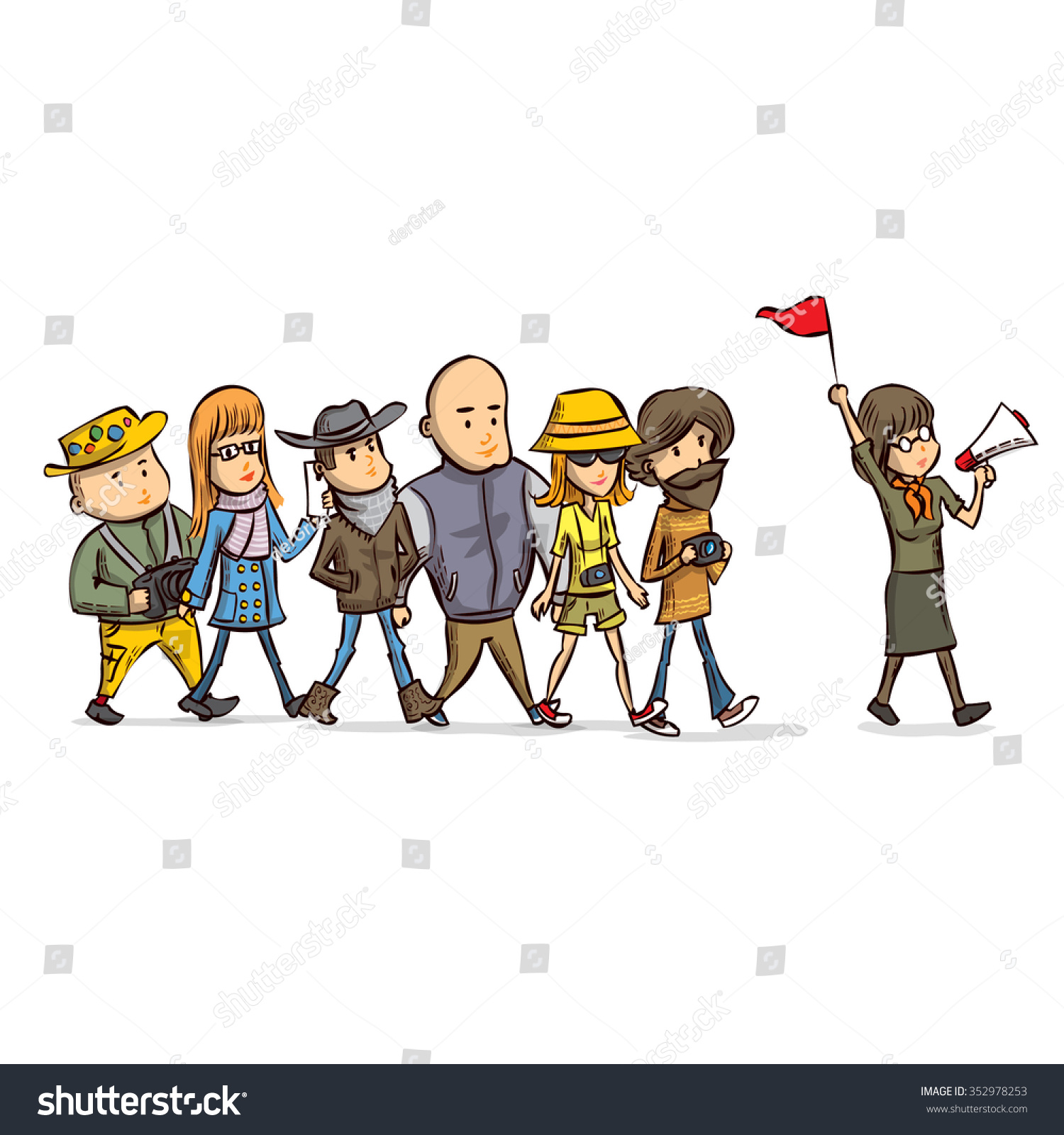 Tour Guide Group Turists Hand Drawn Stock Vector 352978253 - Shutterstock
