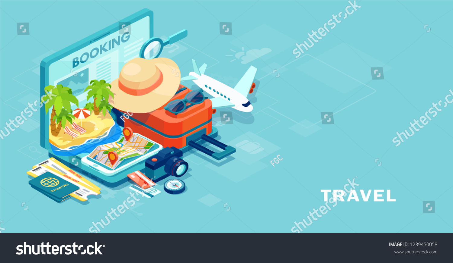 SVG of Tourism and booking app concept. Vector of travel equipment and luggage on a mobile laptop touch screen svg