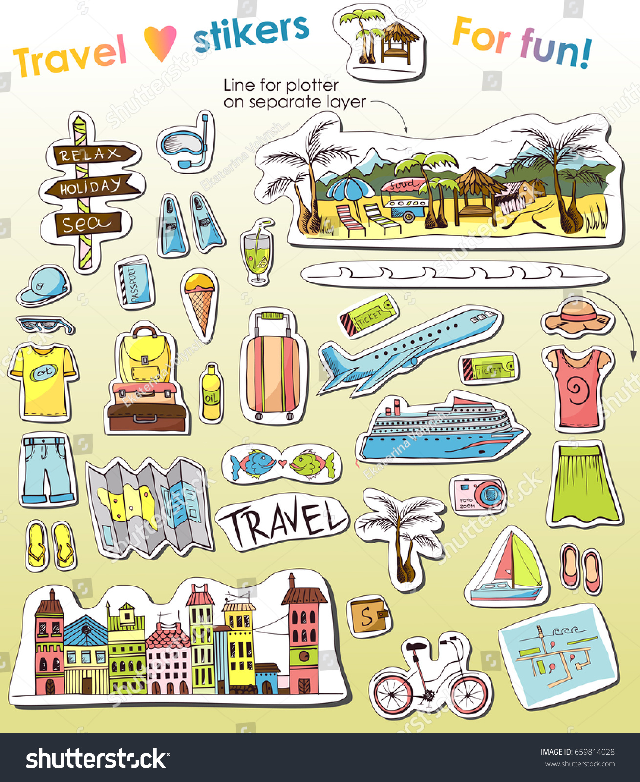 Tourist Kit Travel Stickers Items Traveling Stock Vector Royalty