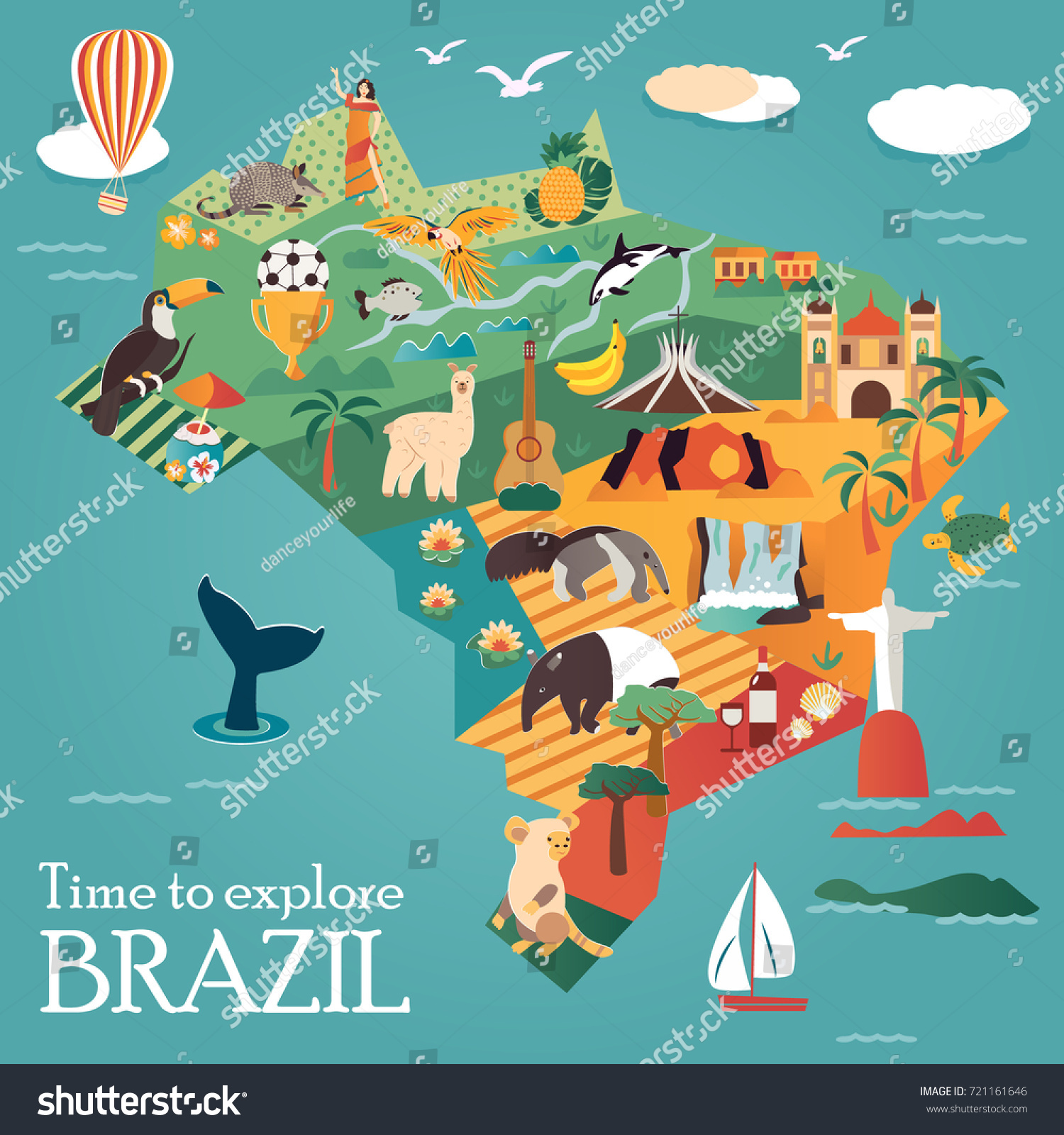 目印と動物を持つブラジルの観光地図 観光ポスターやチラシとして使える のベクター画像素材 ロイヤリティフリー