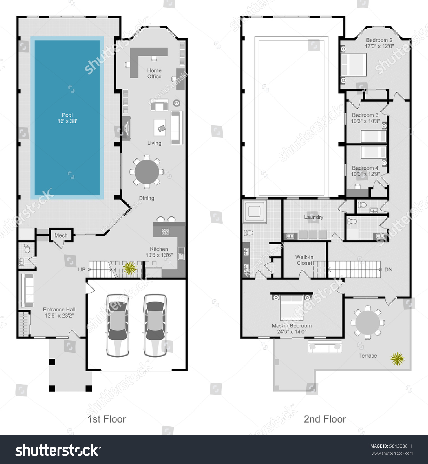 Townhouse Narrow Residential Floor Plan Architectural Stock