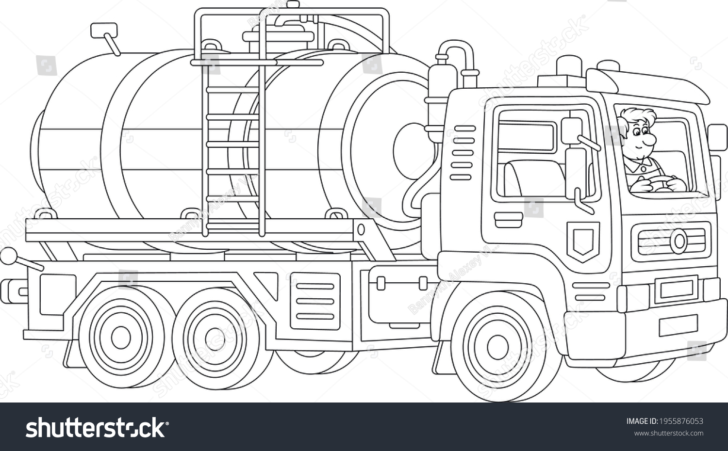 SVG of Toy gasoline auto tanker with a funny driver in service uniform, black and white outline vector cartoon illustration for a coloring book page svg