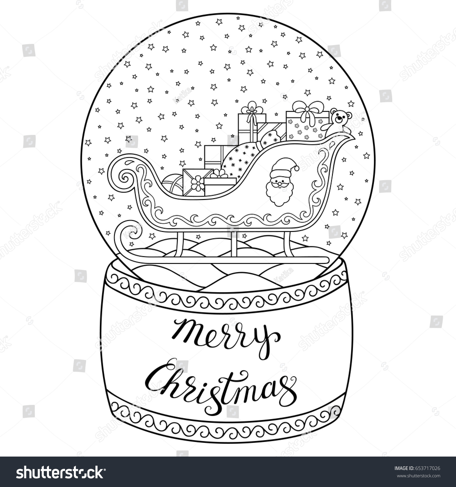 Toy glass snow globe with Santa sleigh Lettering "Merry Christmas" Coloring book