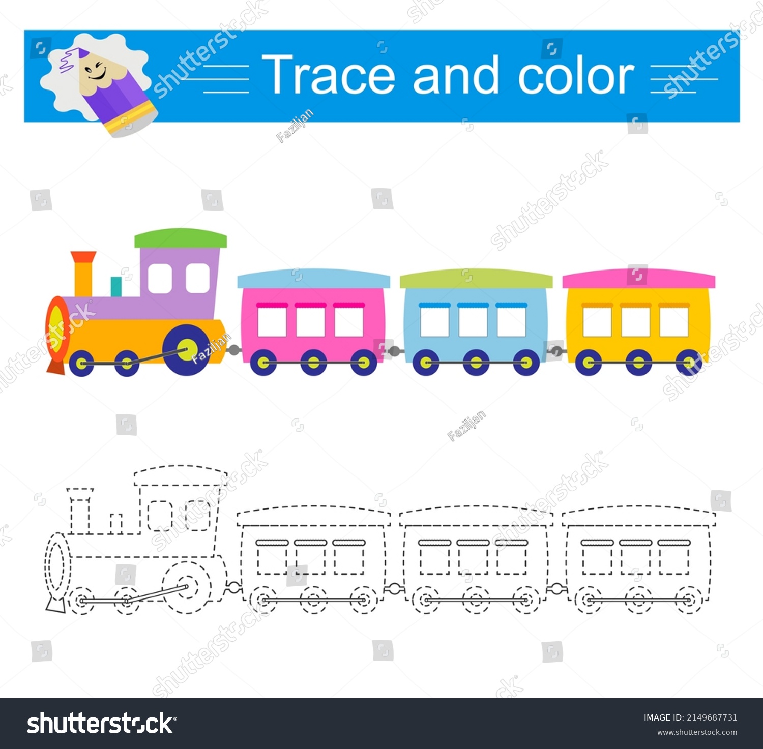 Trace Color Children Train Vector Preschool Stock Vector (Royalty Free