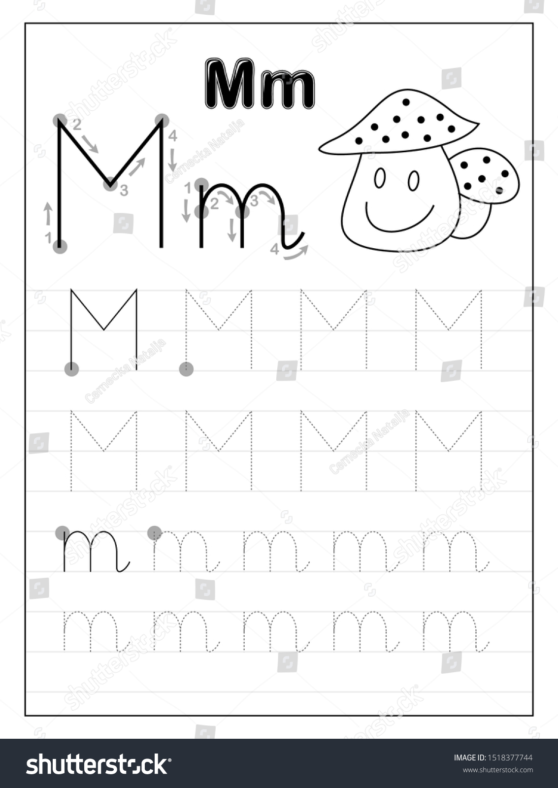 tracing alphabet letter m black white stock vector royalty free 1518377744