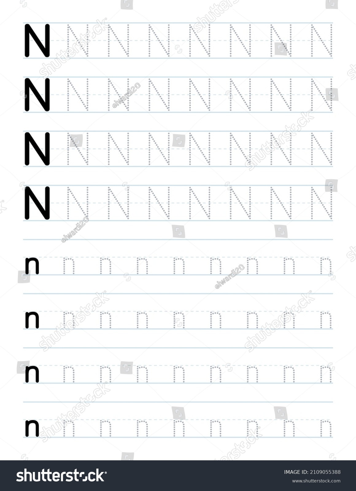 Tracing Letter N Worksheet Kids Stock Vector (Royalty Free) 2109055388