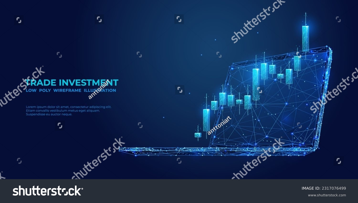 SVG of Trade investment concept. Digital graph chart on laptop screen. Stock market candlestick in polygonal wireframe style. Web banner with abstract 3D vector illustration on blue technological background svg