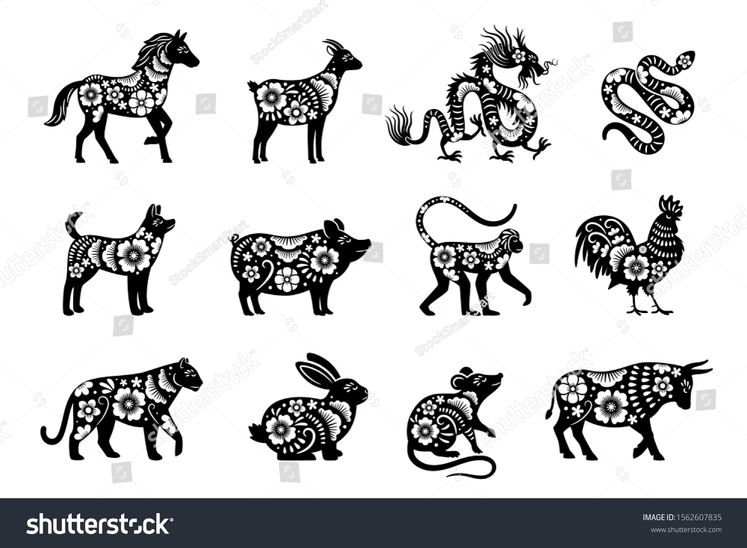 SVG of Traditional chinese horoscope with flowers. Chinese new year animals set, tiger and snake, dragon and pig vector mascot drawings with flora patterns svg