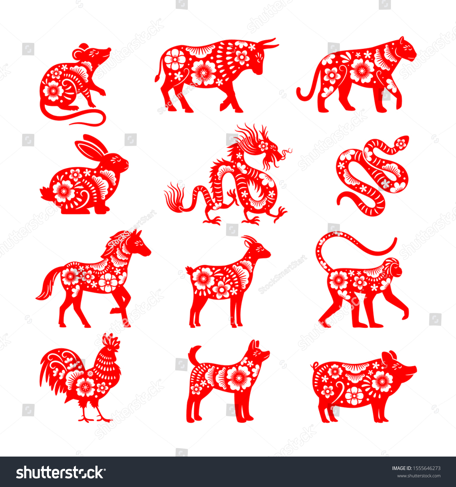 SVG of Traditional chinese zodiac illustrations. Vector china horoscope animal symbols, bull and mouse, pig and dragon vectors for papercut svg