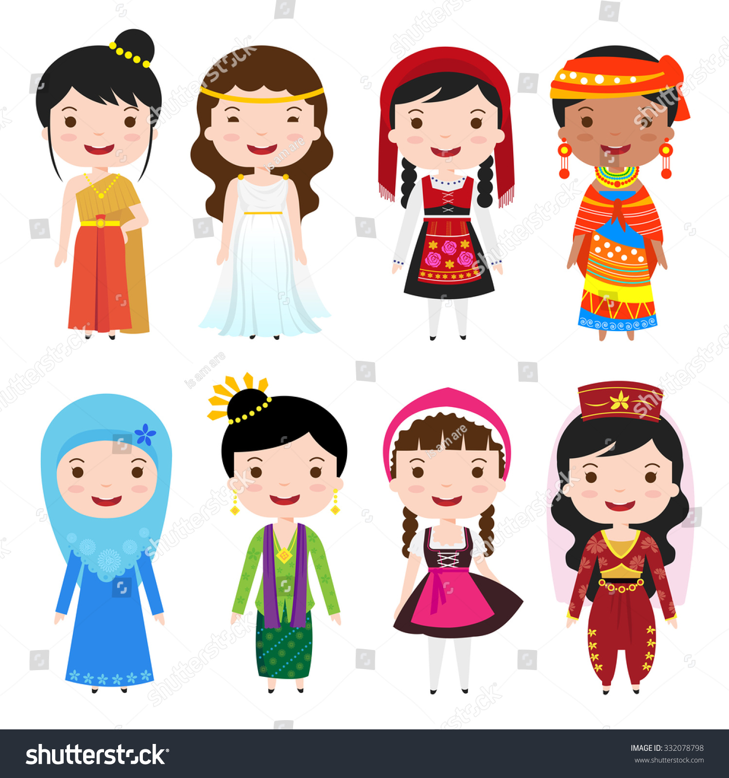 stock vector traditional costumes clothing of the world cartoon girls in different national costumes 332078798