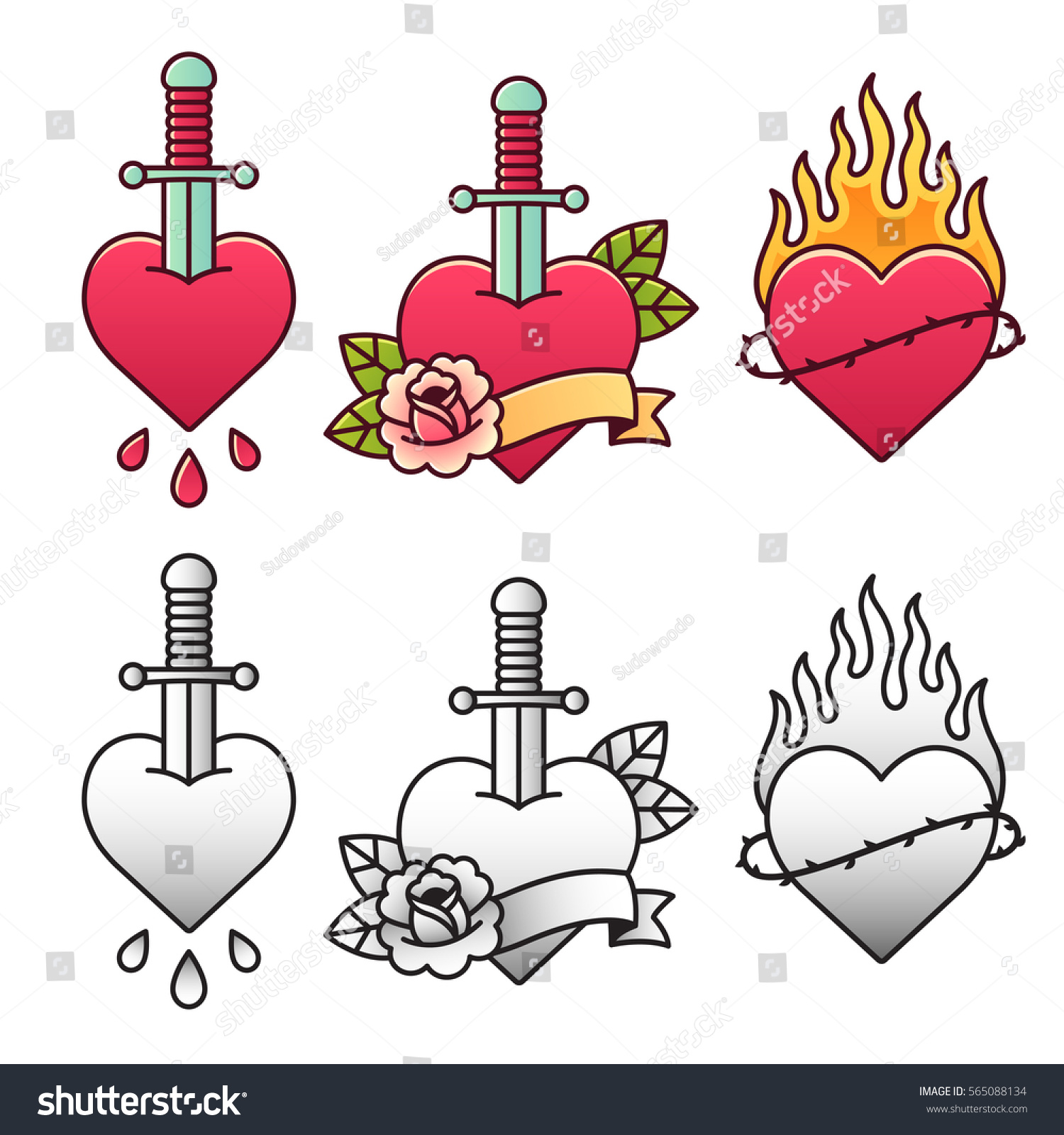 Traditional Heart Tattoo Set Dagger Rose   Stock Vector Traditional Heart Tattoo Set With Dagger Rose Ribbon And Fire Classic American Oldschool Flash 565088134 