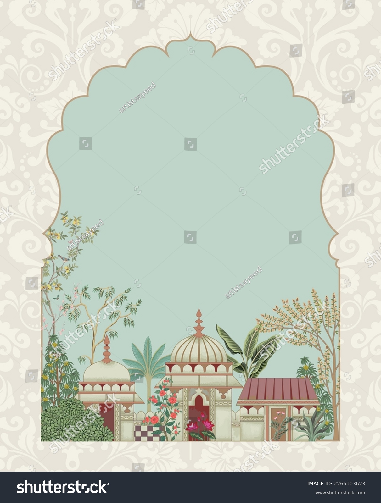 SVG of Traditional Islamic Mughal garden arch, palace with peacock illustration frame for Invitation print svg