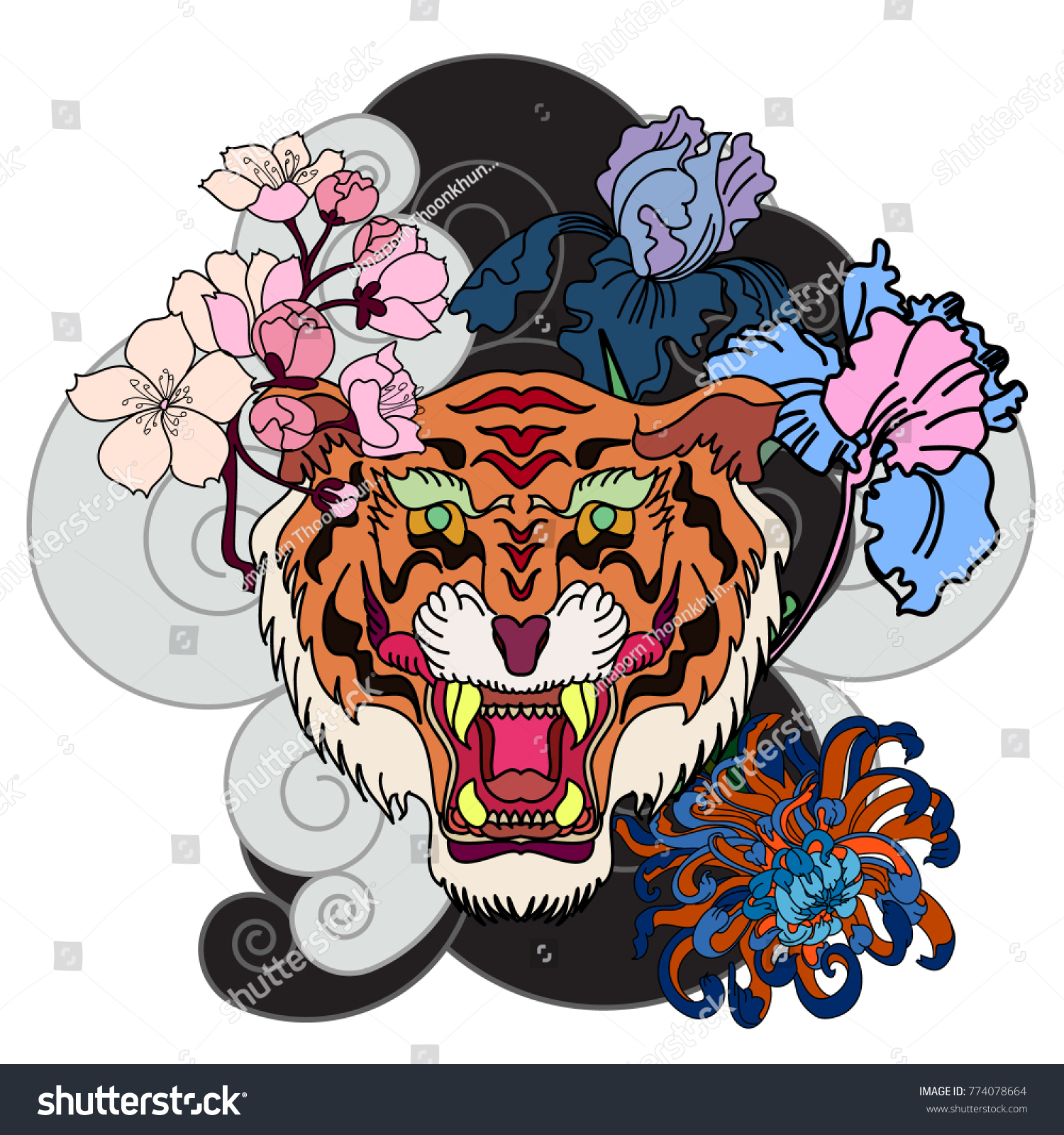 Traditional Japanese Tiger Face Tattoo Peony Stock Vector (Royalty Free ...