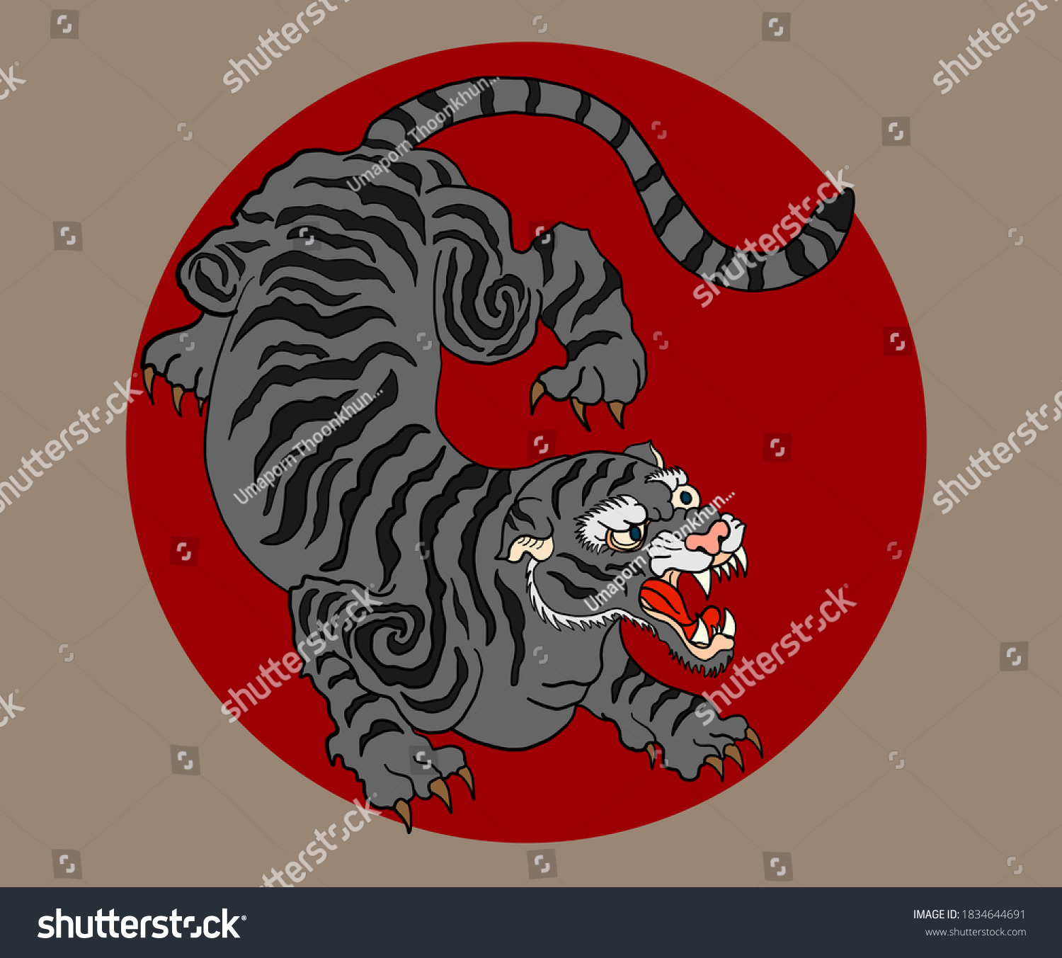 Vektor Stok Traditional Korean Tiger Tattoo Designchinese Tiger (Tanpa