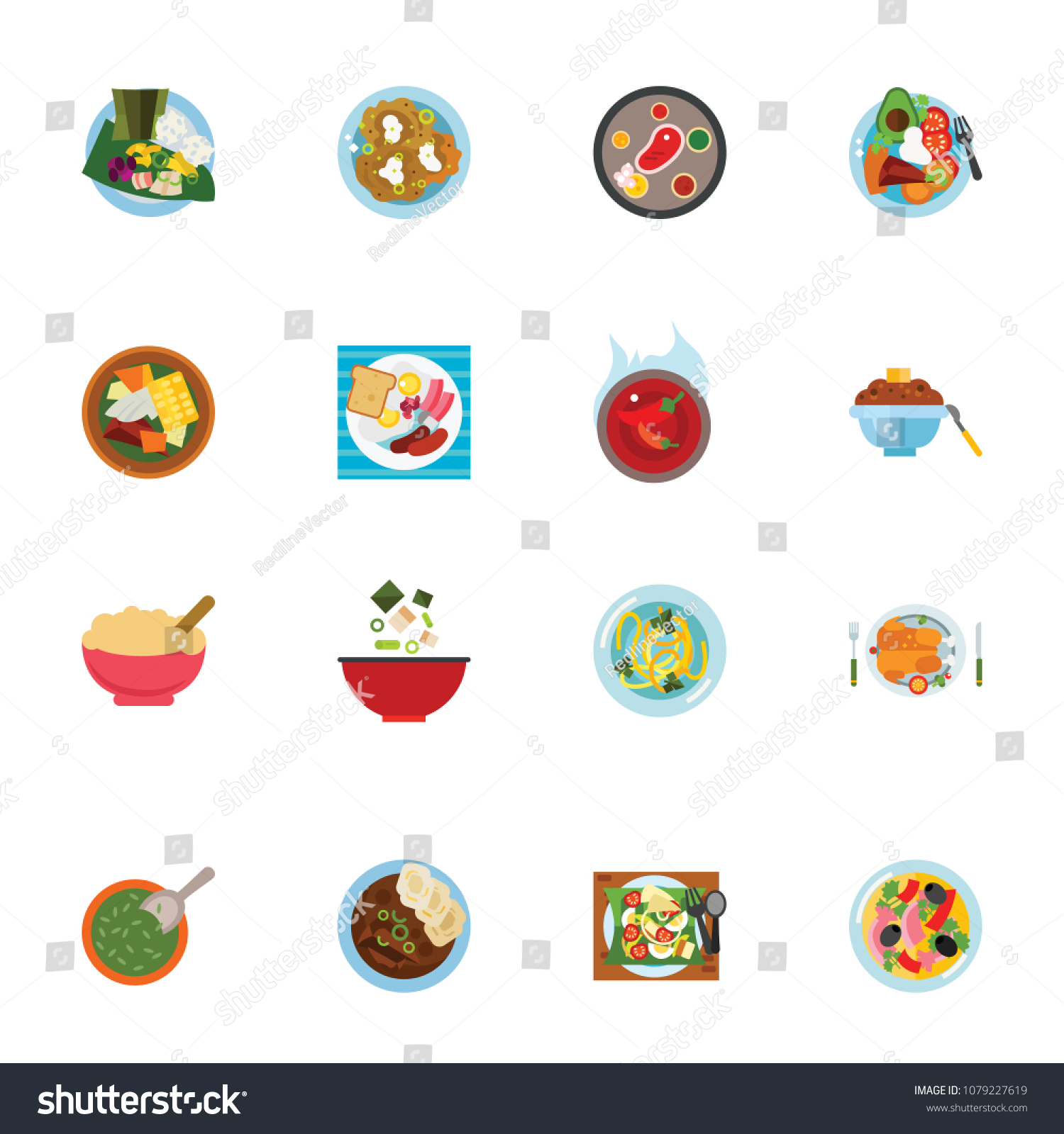 SVG of Traditional lunch in different countries. Colorful flat icon set. National dish, traditional cuisine, recipe. Dish concept. For topics like food, cooking, traditional culture svg