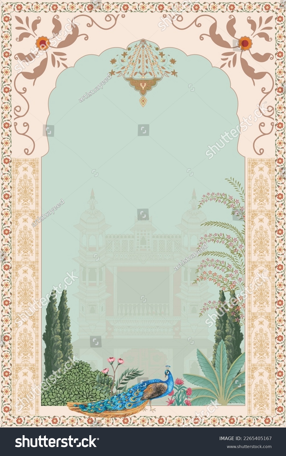 SVG of Traditional Mughal garden arch, plant, peacock illustration for invitation. Vector printable design svg