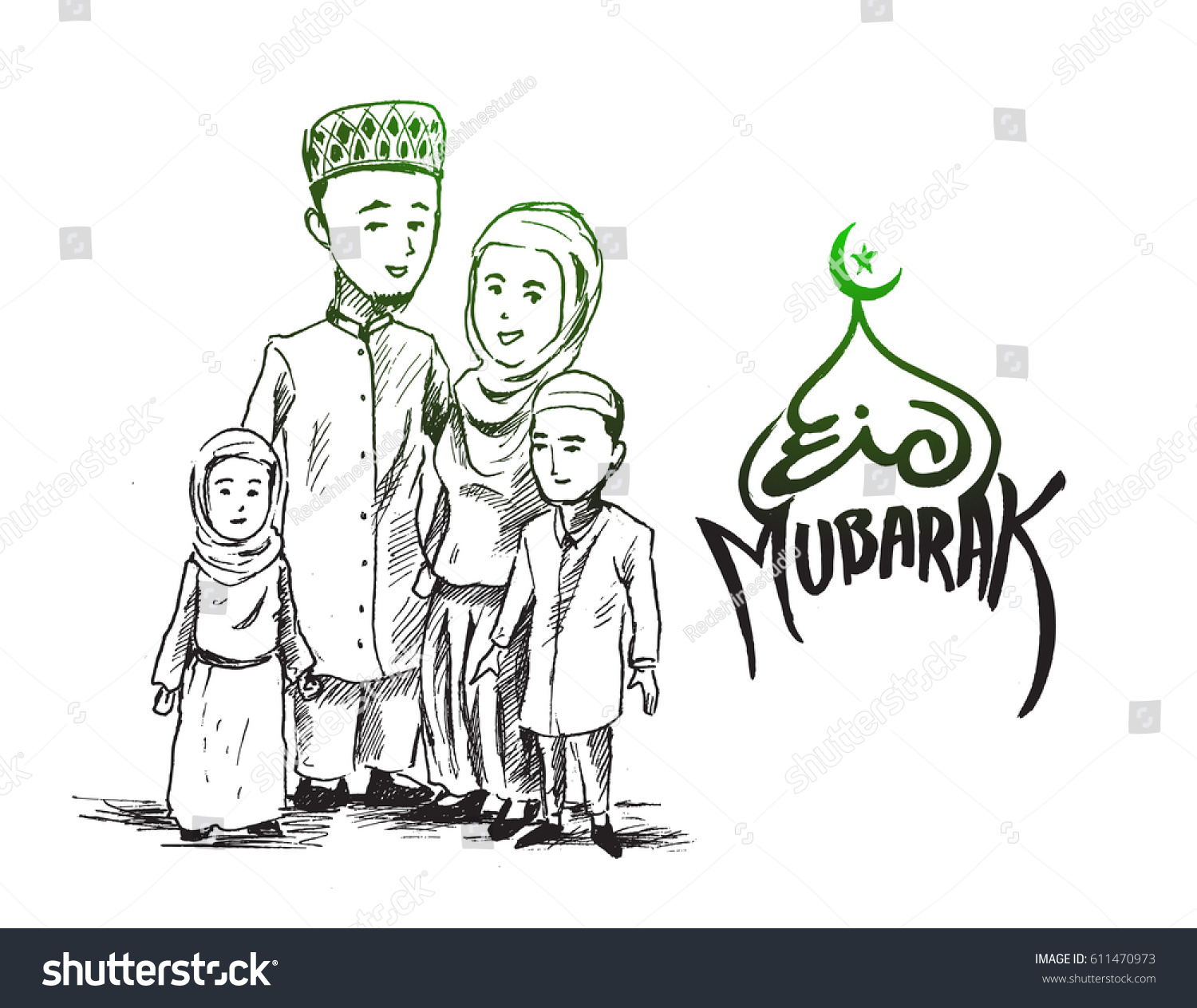 Traditional Muslim Family Children Hand Drawn Stock Vector 