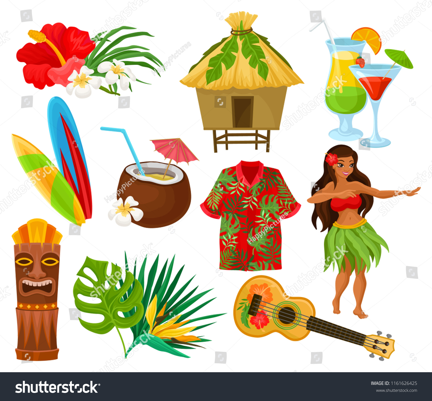SVG of Traditional symbols of Hawaiian culture set, hibiscus flower, bungalow, surfboard, tiki tribal mask, ukulele, exotic cocktails vector Illustrations on a white background svg
