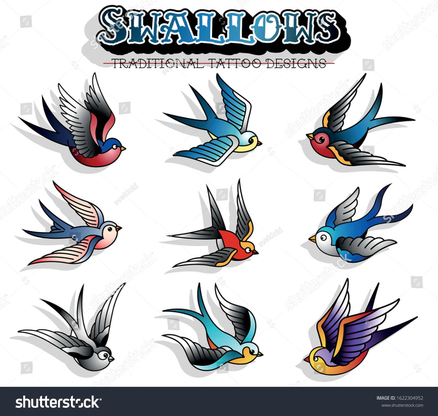 Traditional Tattoo Designs Flying Swallows Tattoo Stock Vector Royalty Free 1622304952