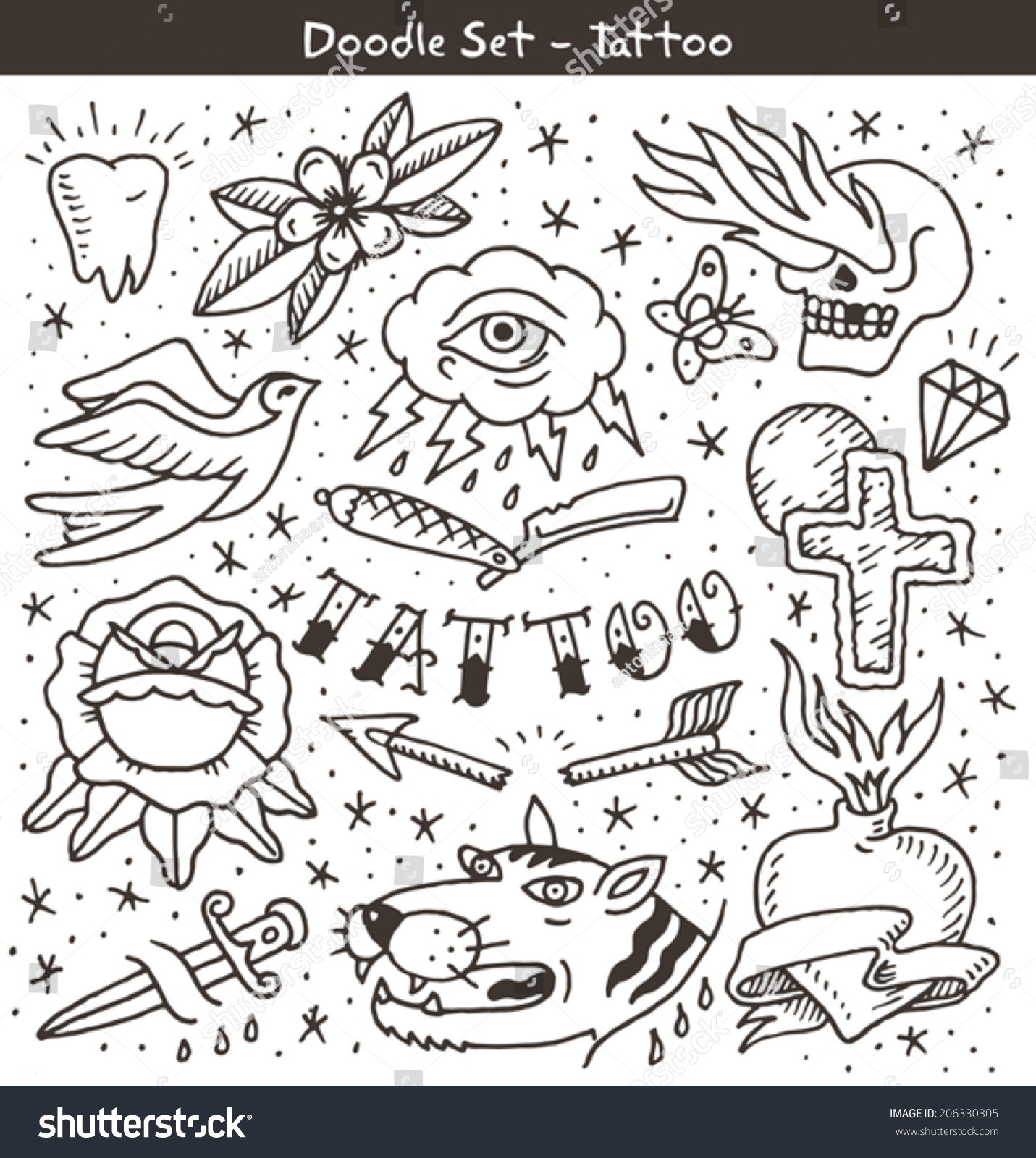 Traditional Tattoo Doodles Set Stock Vector 206330305 Shutterstock