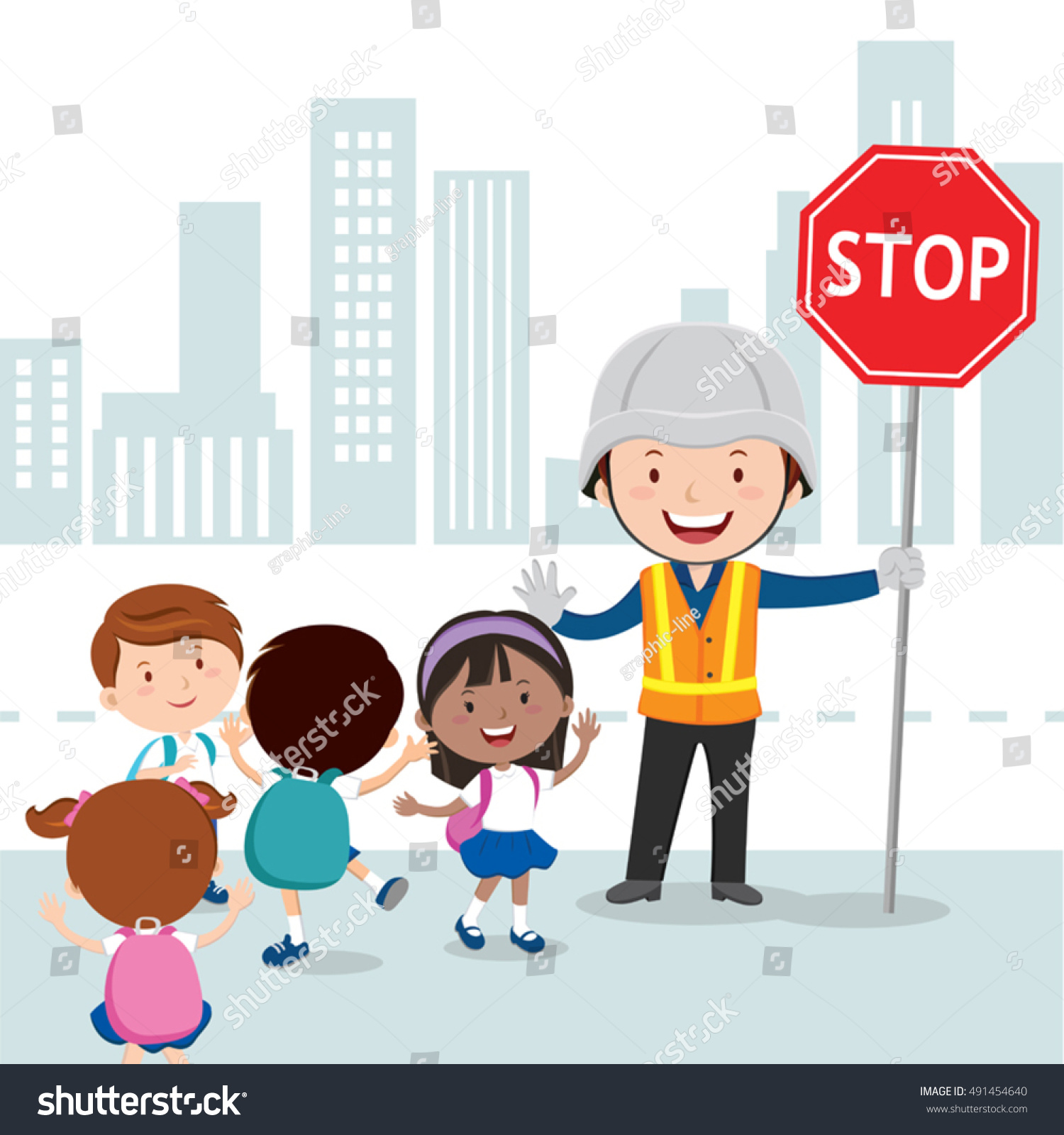 Traffic Guard Helping Kids Crossing Road Stock Vector (Royalty Free ...