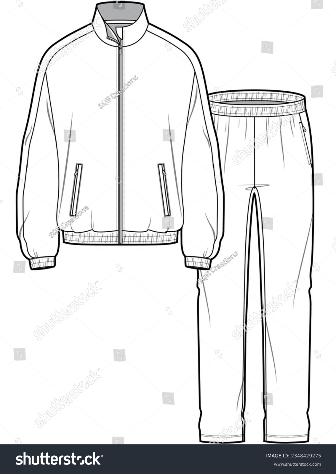 SVG of training tracksuit full zip long sleeve jacket and pants running jogging athletic sports wear set flat sketch vector illustration technical cad drawing template svg