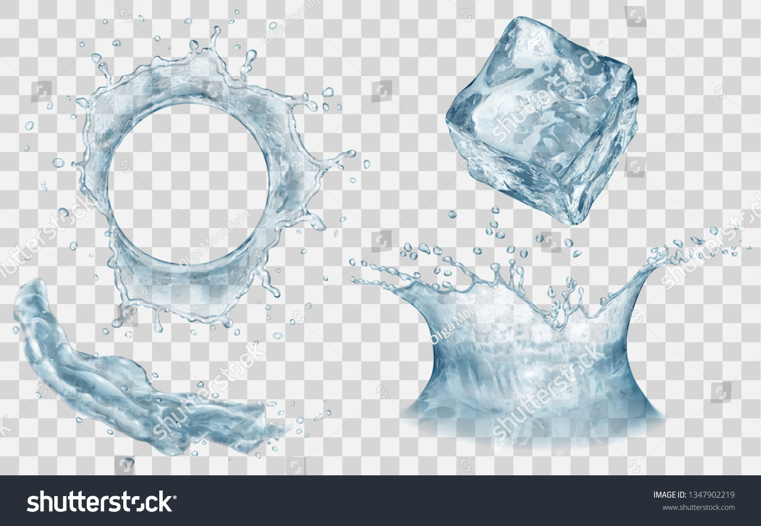 半透明の氷立方体 水しぶき 水滴と水冠 上面と側面図 透明な背景にグレーの色 ベクター画像ファイル内の透過性のみ のベクター画像素材 ロイヤリティ フリー