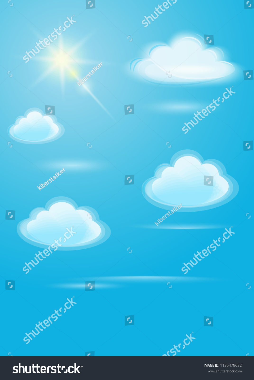 SVG of Translucent white clouds and bright sun on a blue sky background. Sunlight special lens flare light effect in clear blue sky. Vector illustration svg