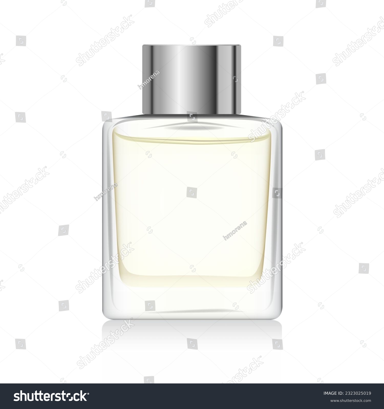 SVG of Transparent reed diffuser bottle mockup. Home fragrance with yellow liquid perfume and without sticks. Cube aromatic diffuser with silver cap. 3D vector illustration svg