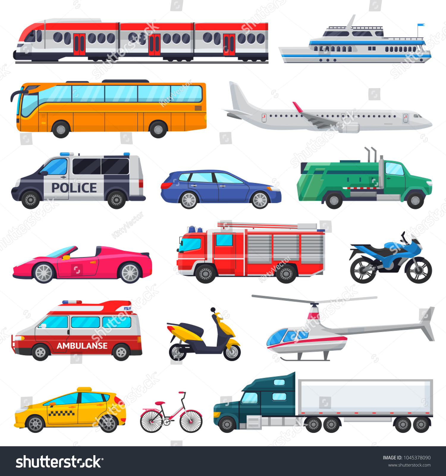 白い背景に救急車消防車とパトカーの街のイラストセットで 交通用の公共交通機 電車 車 自転車の輸送ベクター画像 のベクター画像素材 ロイヤリティフリー