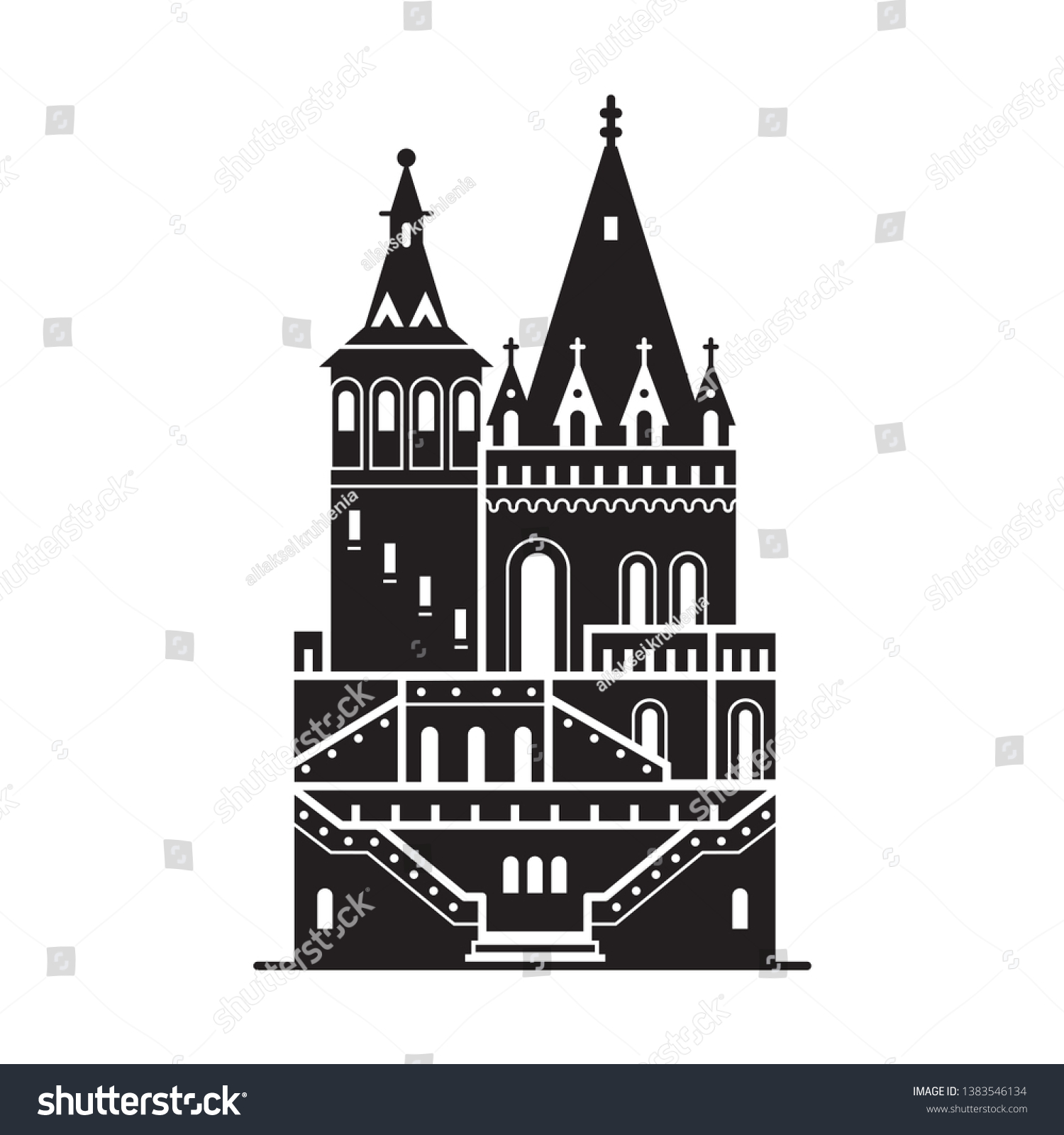 SVG of Travel Budapest icon. Fisherman bastion towers is one of the famous architectural landmarks and attractions in Hungary capital. Outline Budapest tourist destination logo. svg
