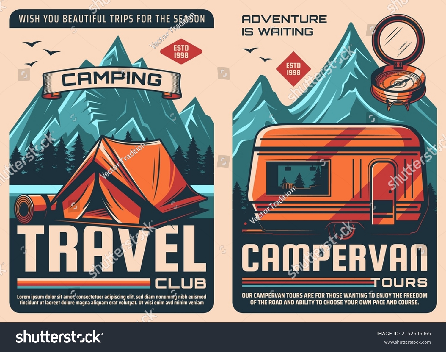 SVG of Travel camping and van retro posters, outdoor tourism with camper trailer. Mountaineering or hiking travel club and adventure expedition to mountains or forest lake camp with caravan van or RV truck svg