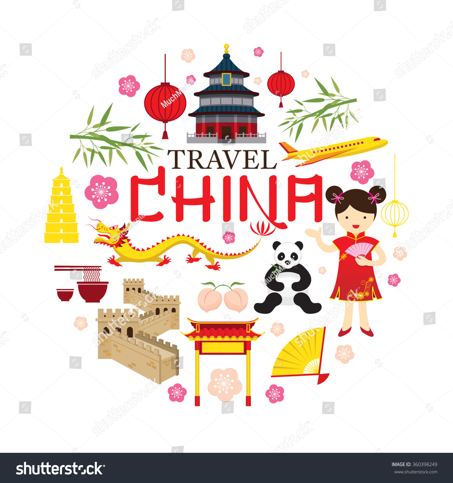 Travel China Icons Label Tour Vacation Stock Vector 