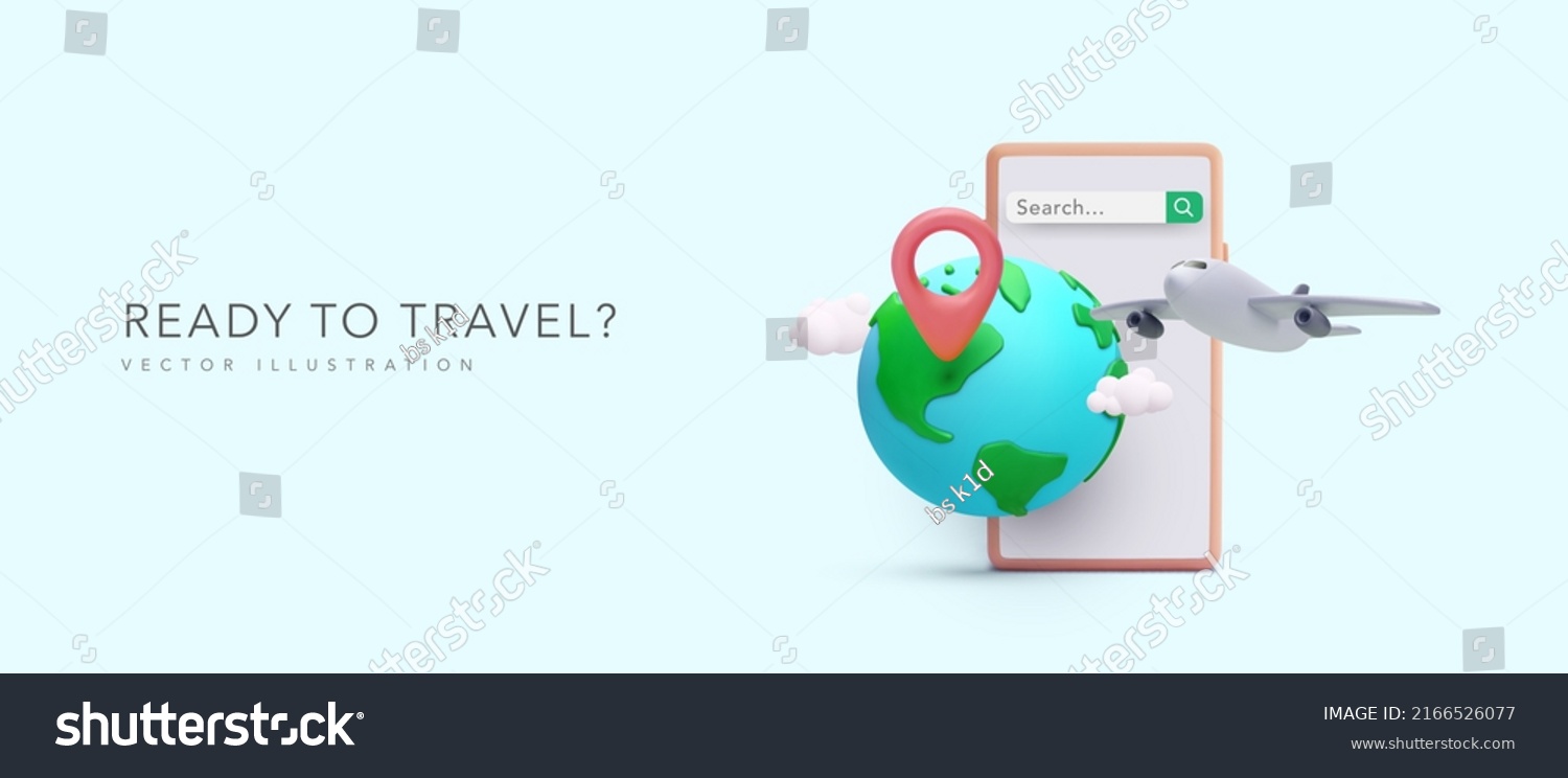 SVG of Travel concept poster in 3d realistic style with phone, planet, pointer, plain, clouds. Vector illustration svg