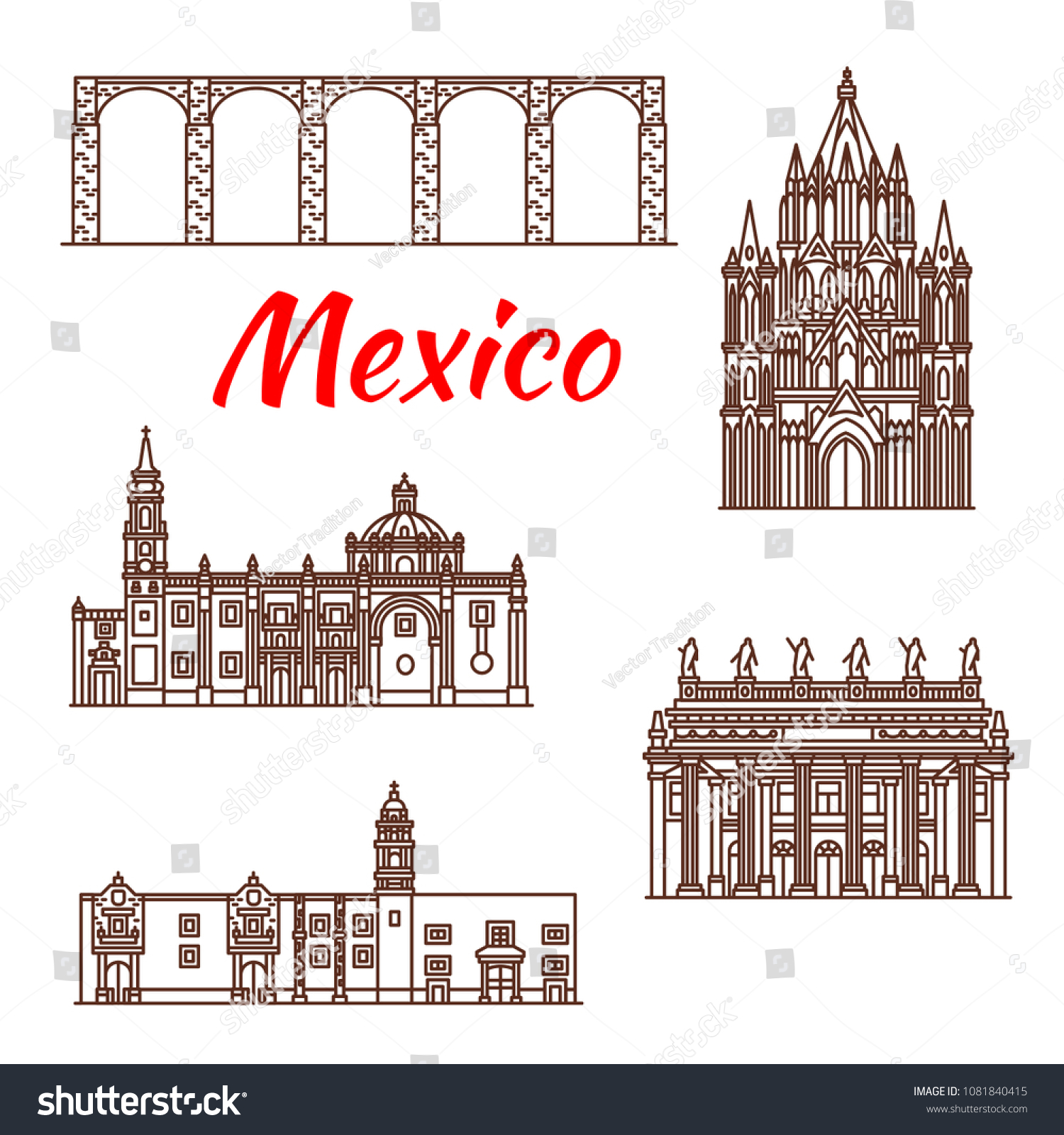 SVG of Travel landmark of Mexico icon set of famous mexican architecture. Aqueduct of Padre Tembleque, Juarez Theater and St Clara Church, Temple of Santa Rosa de Viterbo and Parish Church of San Miguel svg